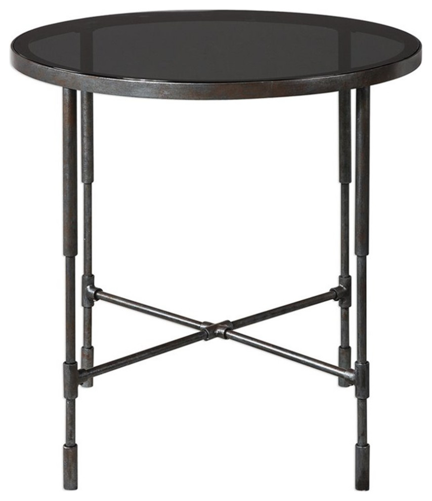 Home Square 25 quotRound Glass Top Accent End Table in Aged Steel   Set of 2   Industrial   Side Tables And End Tables   by Homesquare  Houzz