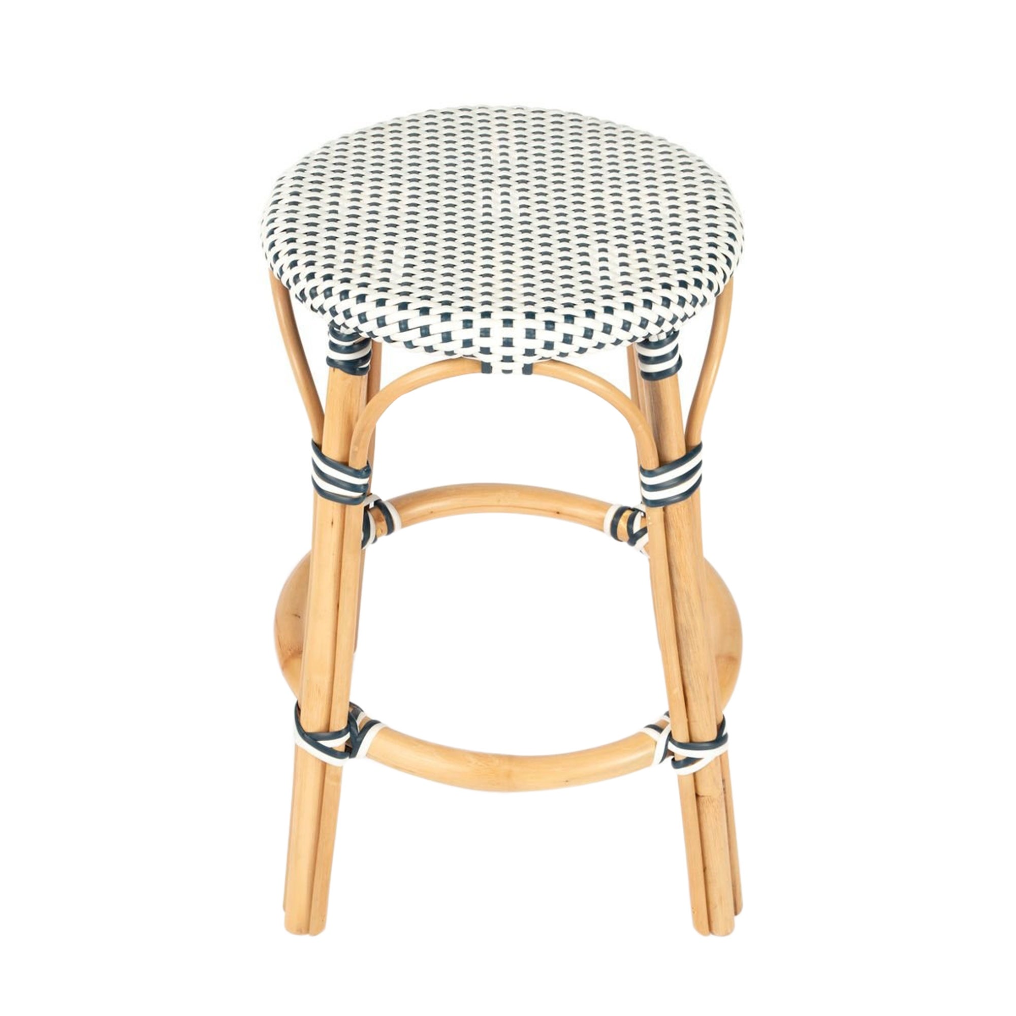 Offex Tobias Transitional Navy and White Rattan Round Counter Stool - 16