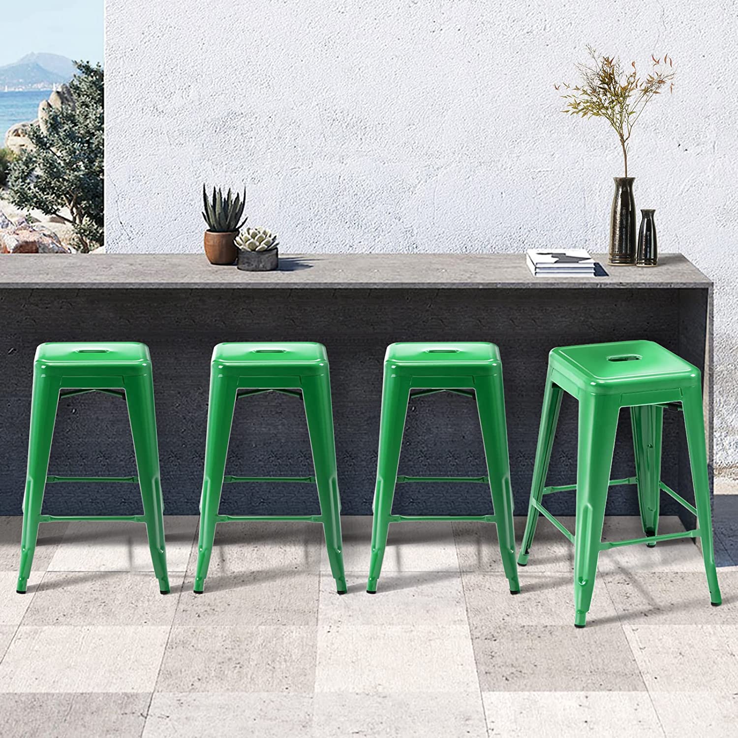 24 Inch Metal Bar stools, Backless Counter Height Barstools, Indoor Outdoor Stackable Stools with Square Seat