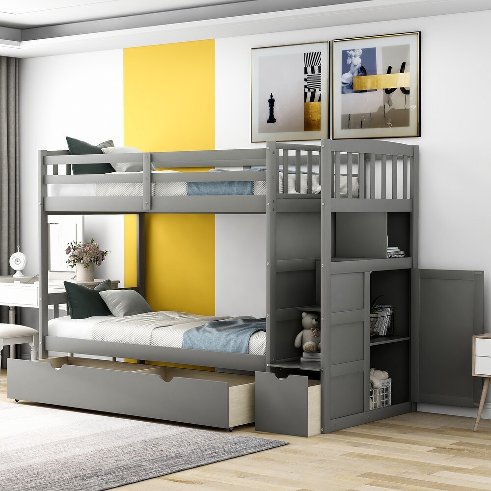Contemporary Style Twin over Full/Twin Bunk Bed  Convertible Bottom Bed  Storage Shelves and Drawers