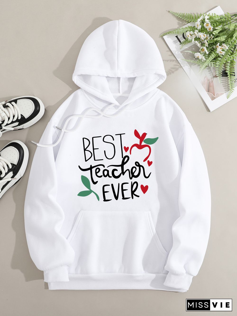 Printed on front Kangaroo Pocket Hoodie Long Sleeve for Women Pattern Best teacher ever