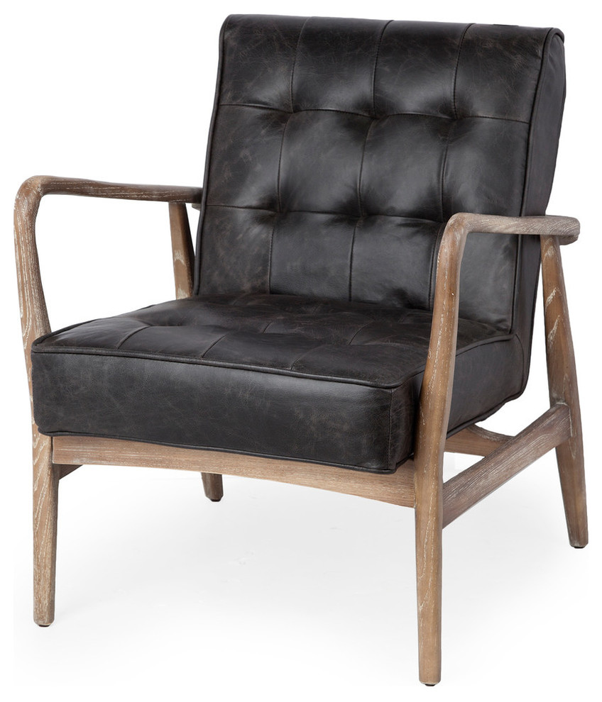 Phineas Black Genuine Leather w/ Medium Brown Solid Wood Frame Accent Chair   Midcentury   Armchairs And Accent Chairs   by Mercana  Houzz