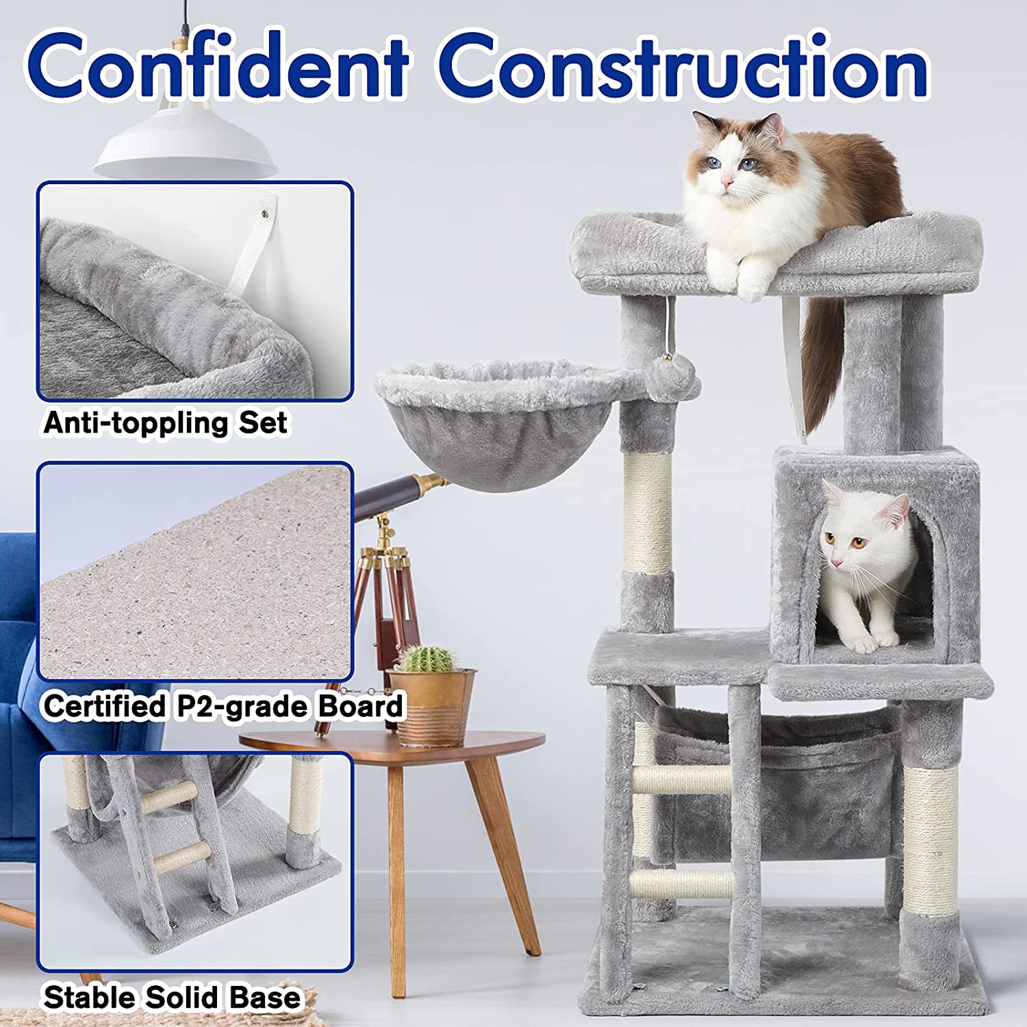 Cat Tree Cat Tower for Indoor Cats, Multi-Level Cat House Condo with Large Perch, Scratching Posts & Hammock, Cat Climbing Stand with Toy for Small Cats Kittens Play Rest, 39" Tall, Gray