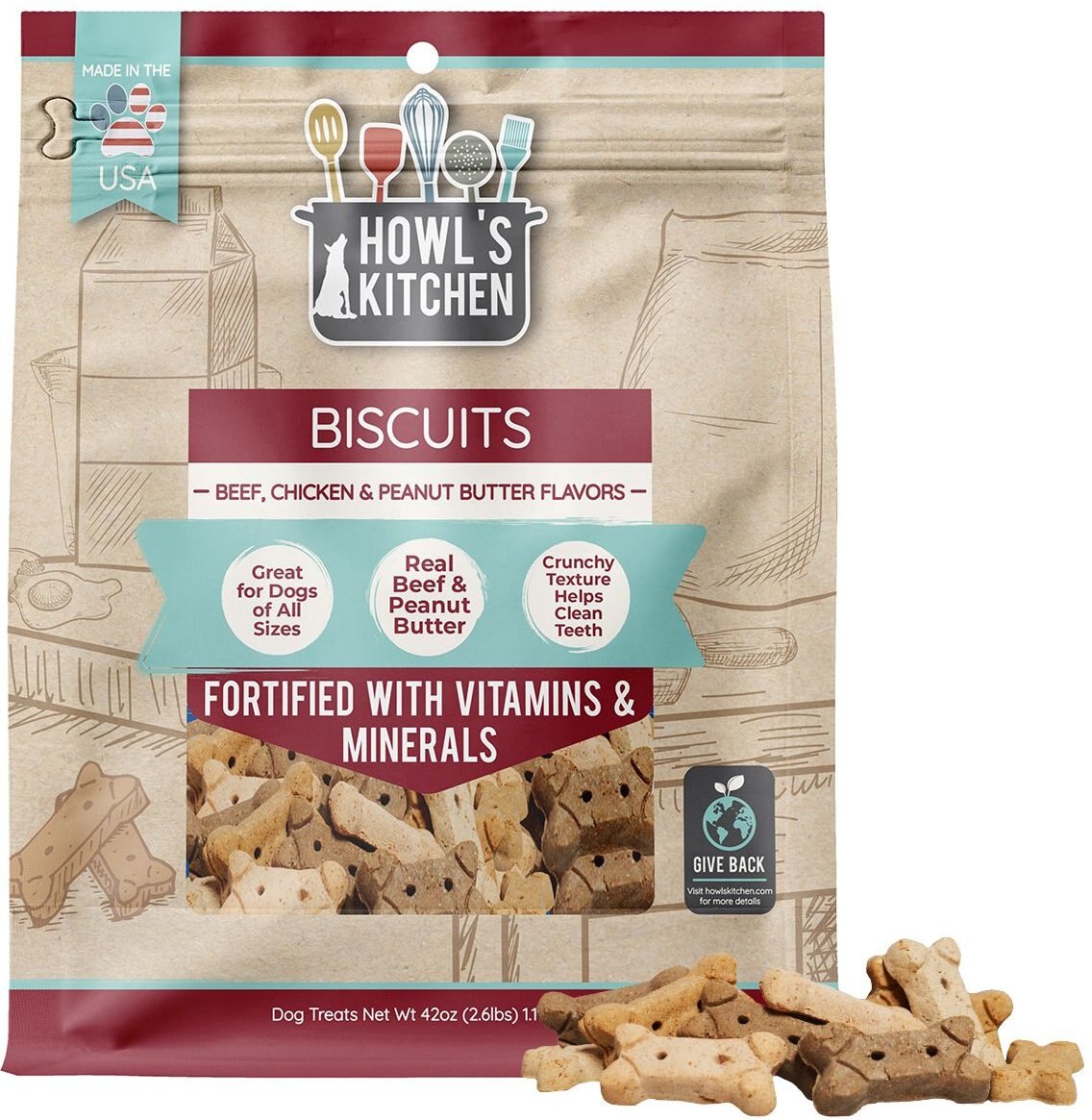 Howl's Kitchen Premium Grill Biscuits Beef， Chicken and Peanut Butter Flavor Dog Treats