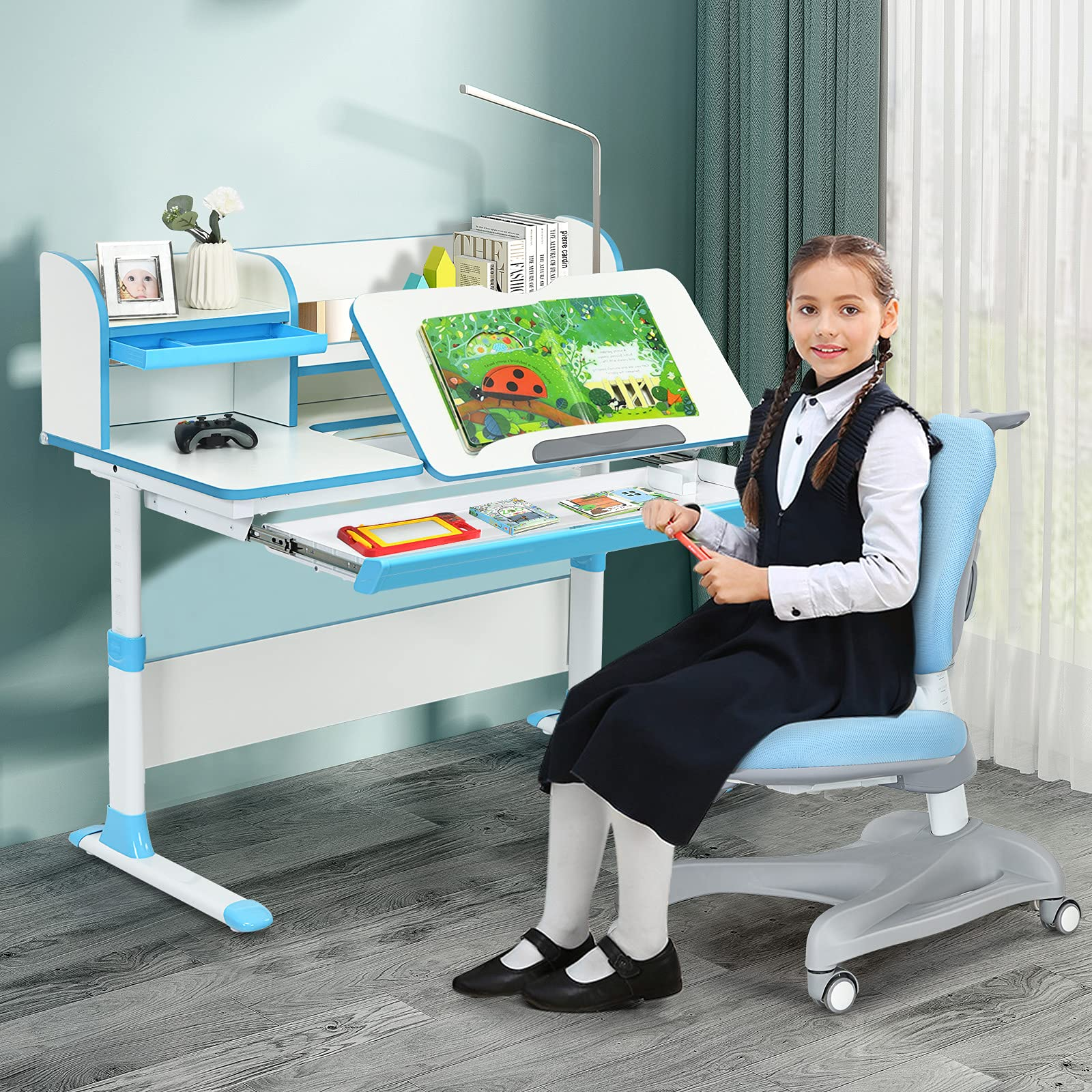 Costzon Kids Desk and Chair Set, Height Adjustable Study Desk w/Drawer,Ergonomic Student Chair w/Sit-Brake Casters for School