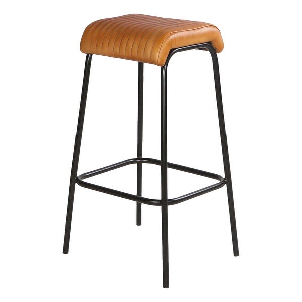 31 Inch Modern Bar Stool， Genuine Leather Seat， Iron Frame， Channel Stitched， Tan Brown， Black