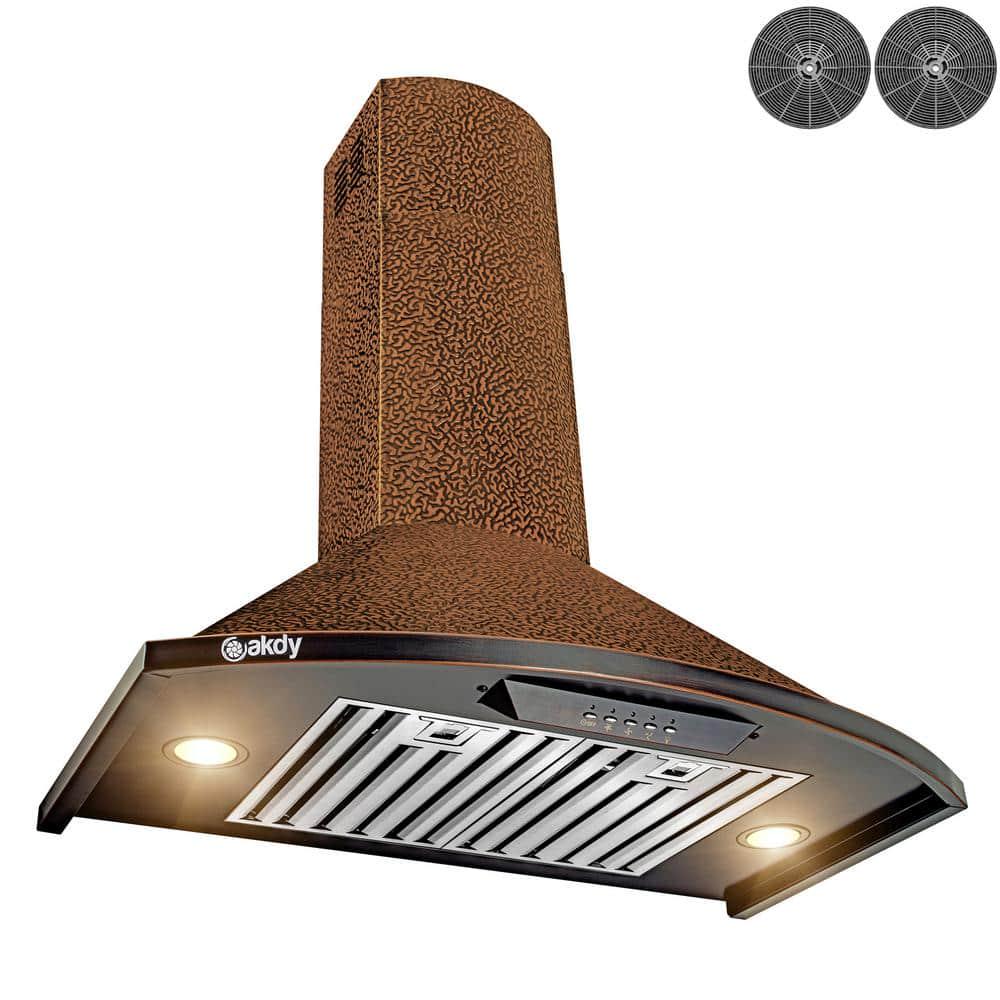 AKDY 30 in 343 CFM Convertible Wall Mount Range Hood with LED Lights and Push Control in Embossed Copper with Carbon Filters