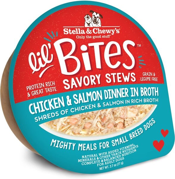 Stella and Chewy's Lil Bites Savory Stews Grain-Free Chicken and Salmon in Broth Flavored Shredded Small Breed Wet Dog Food， 2.7-oz cup， case of 12