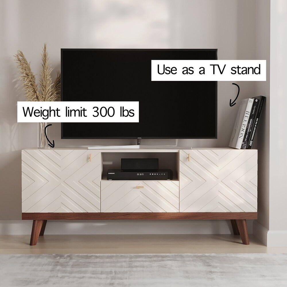 Living Skog Alba Beige TV Stand Console with Drawer Fits TV's up to 65 in. with Wood Legs Mid Century Modern Design