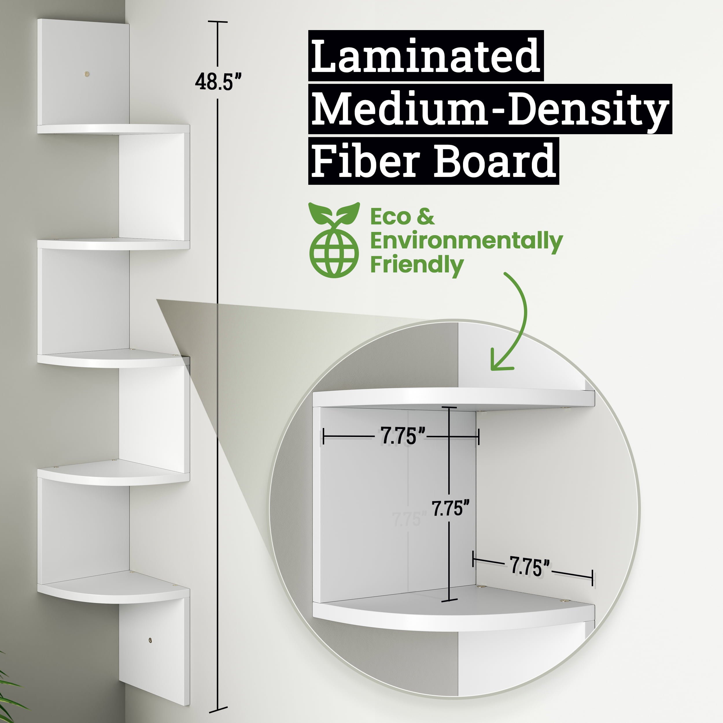 Greenco 5 Tier Wood Floating Wall Mount Corner Shelves White Finish