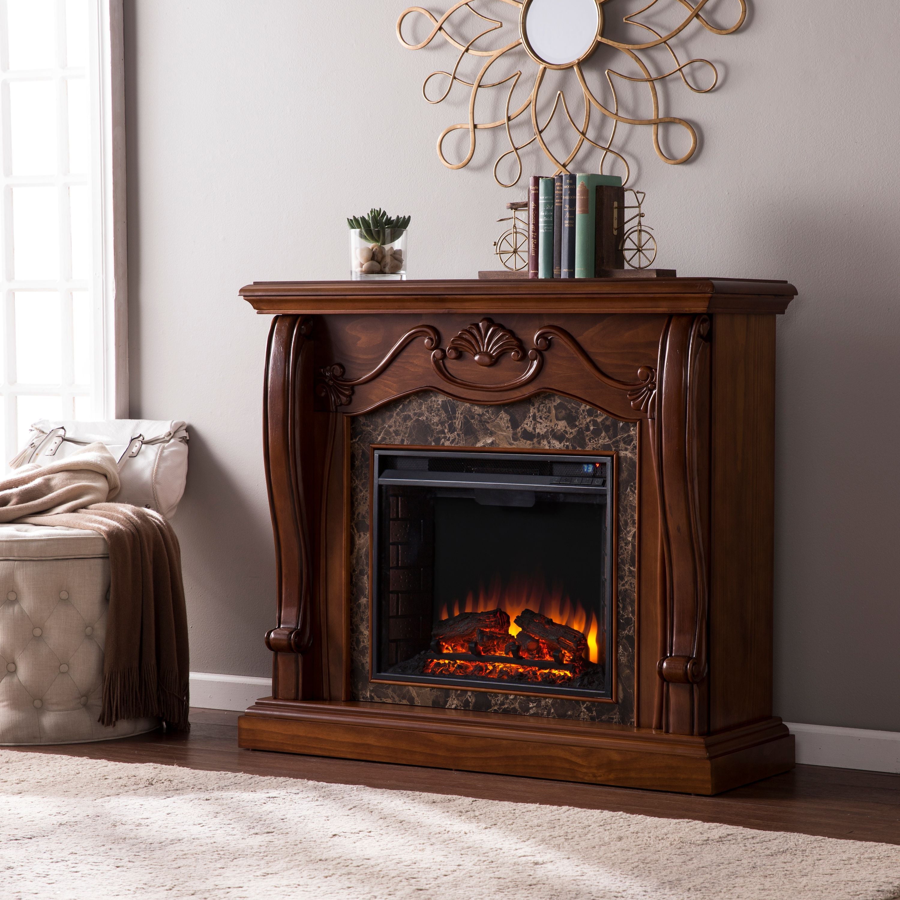 SEI Furniture Freestanding Corina Traditional Electric Fireplace W/ Faux Marble Walnut Finish