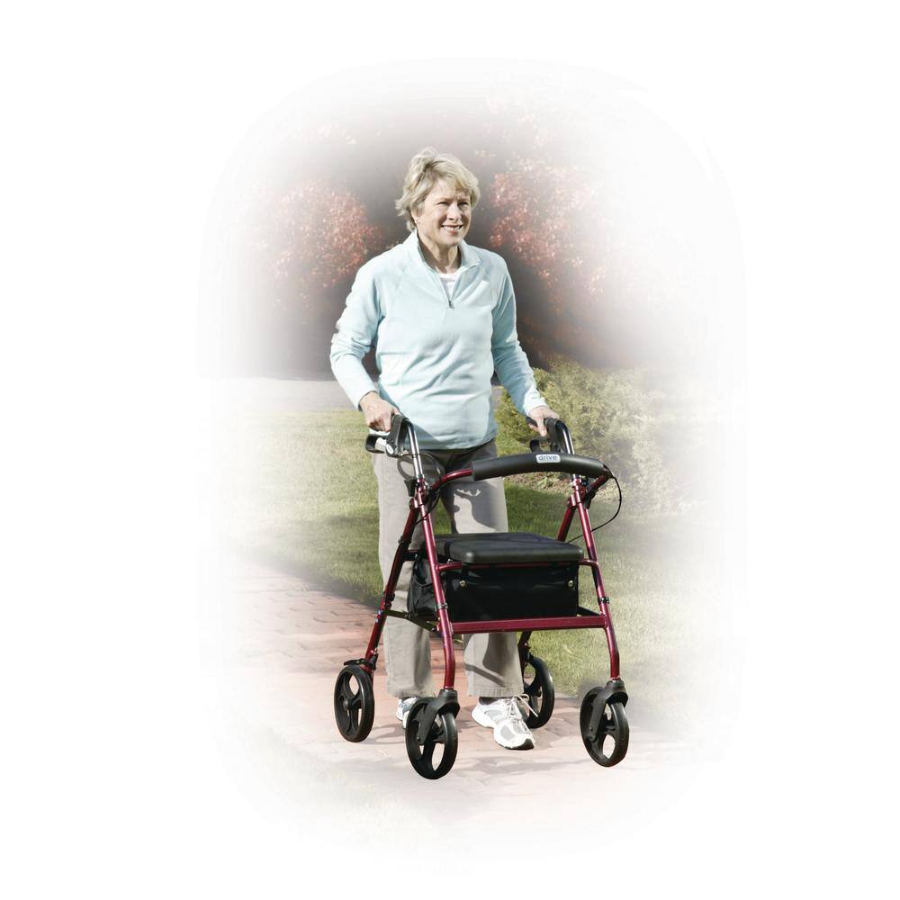 Drive Medical Aluminum Rollator Rolling Walker with Fold Up and Removable Back Support and Padded Seat Red r728rd