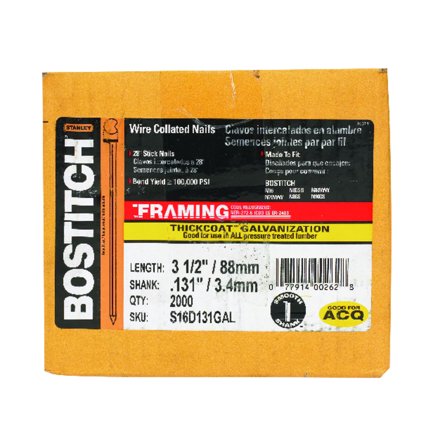 Bostitch 3-1/2 in. Angled Strip Galvanized Stick Nails 28 deg 2000 pk