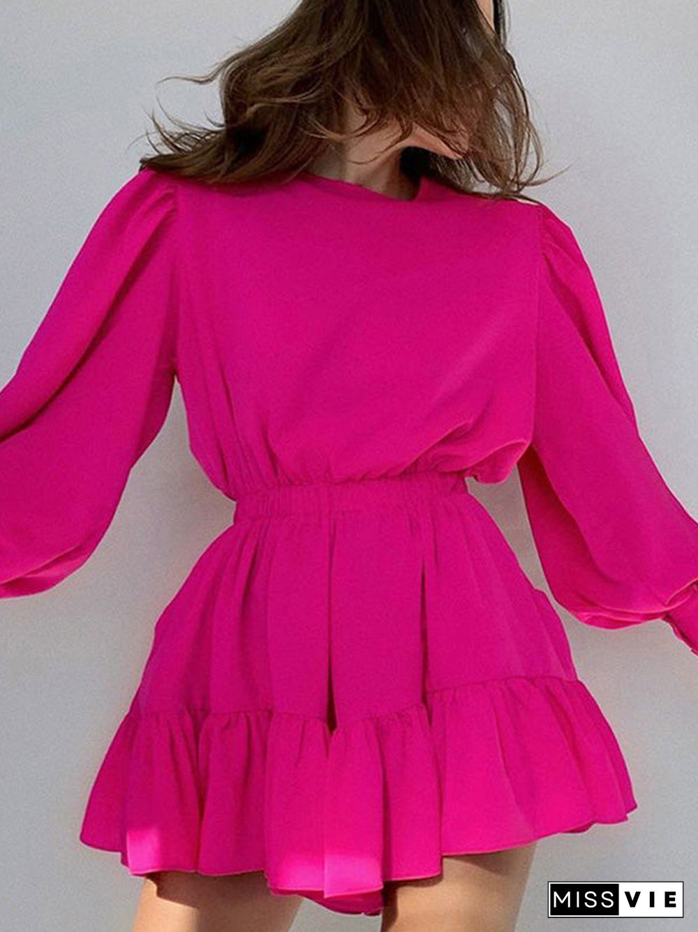 Women'S Dresses Solid High Waist Long Sleeve Mini Dress