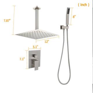 Satico 2-Spray Patterns with 2.5 GPM 12 in. Ceiling Mount Rainfall Dual Shower Heads with Hand Shower Faucet in Brushed Nickel 12SN6006