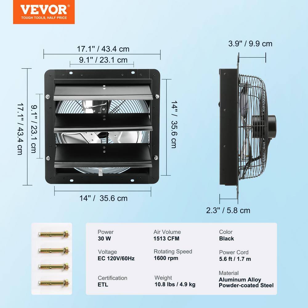 VEVOR Shutter Exhaust Fan 14 in.1513 CFM 10-Speed Adjustable Wall Mount Attic Fan Ventilation and Cooling for Greenhouses BYCSPQSDJEC14Y5NAV1