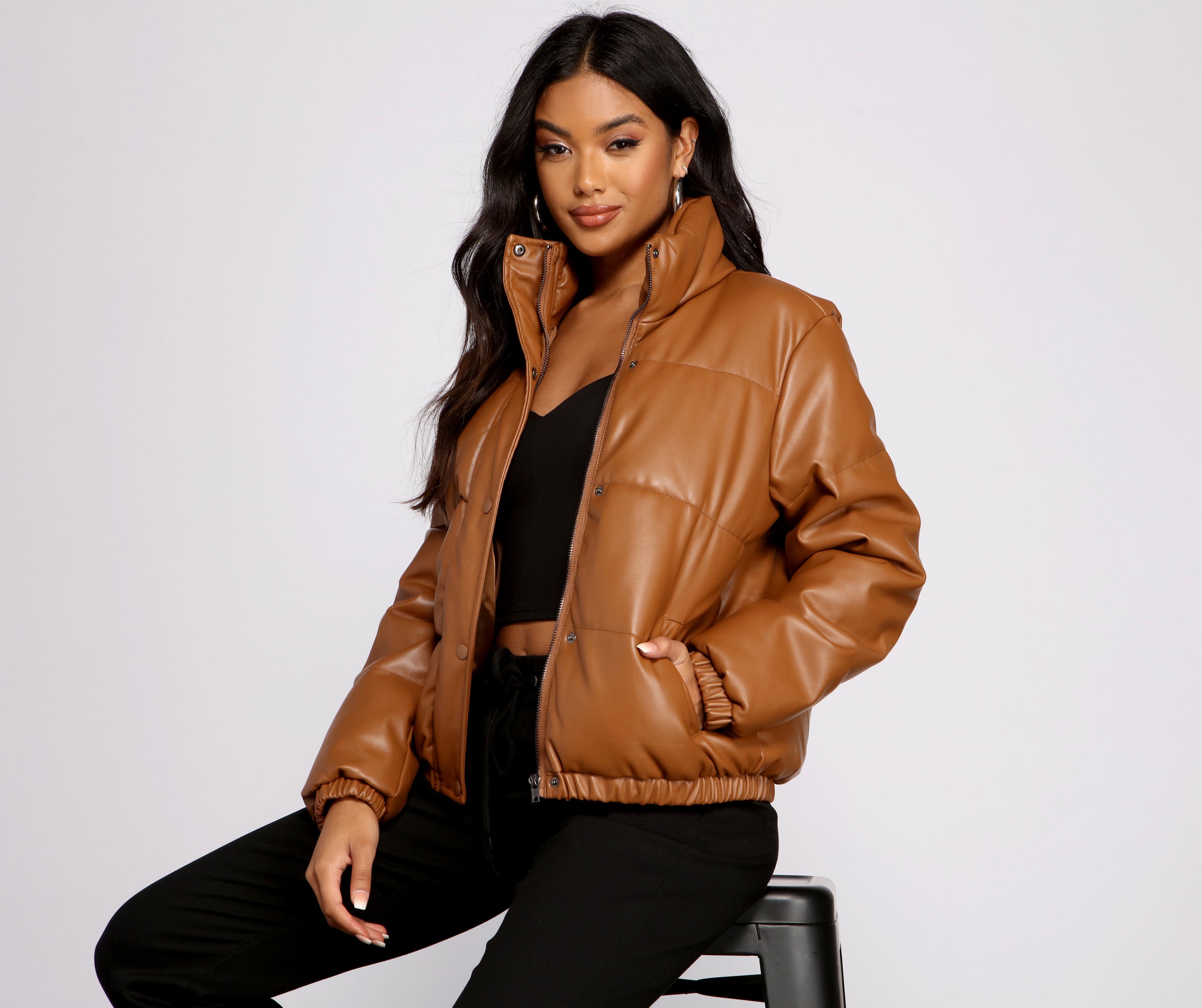 Chic Faux Leather Puffer Jacket