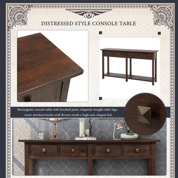 Rustic Brushed Texture Console Table with 4 Drawers and Bottom Shelf