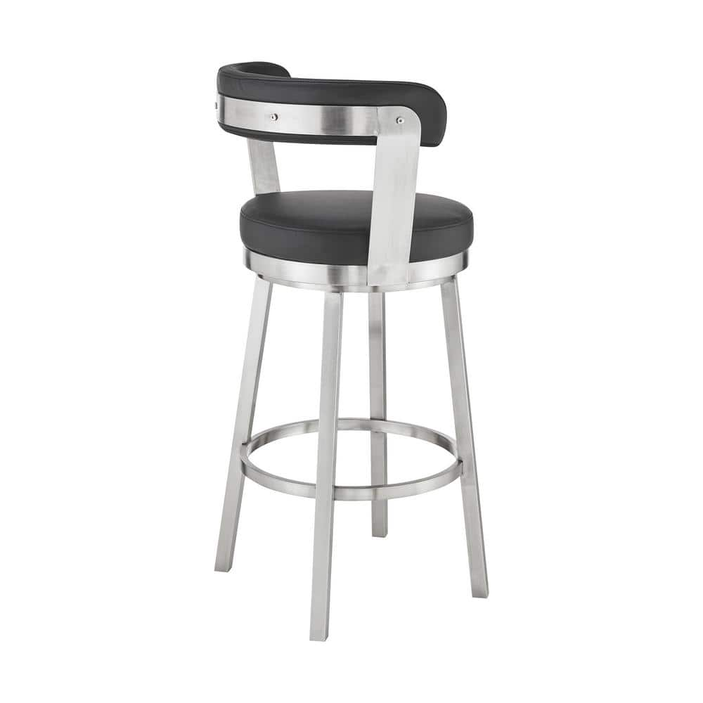 Armen Living Kobe 30 in. Bar Height Low Back Swivel Bar Stool in Brushed Stainless Steel and Black Faux Leather 721535761791