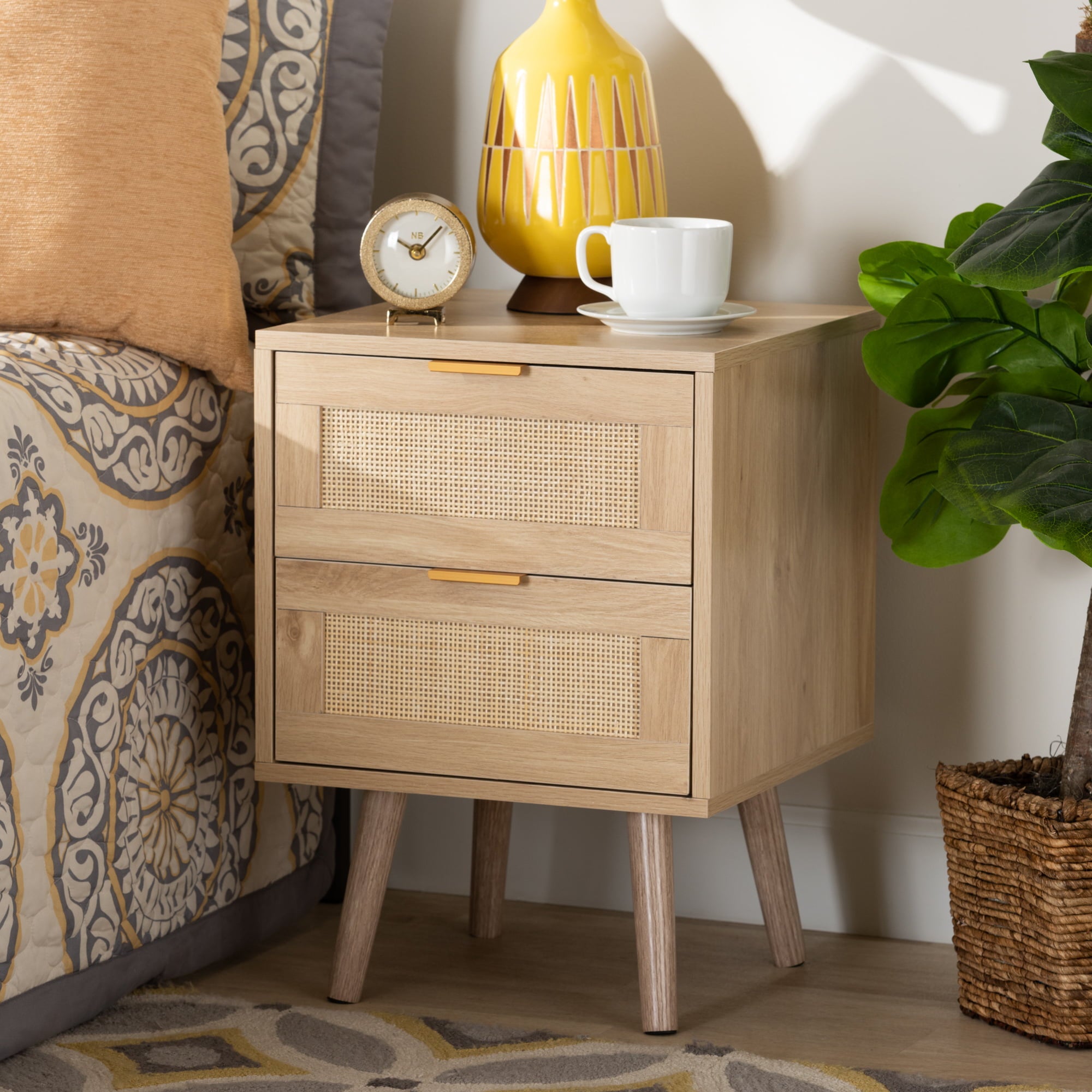 Baxton Studio Baird Mid-Century Modern Light Oak Brown Finished Wood and Rattan 2-Drawer End Table