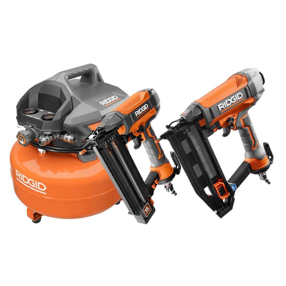 RIDGID 6 Gal. Portable Electric Pancake Air Compressor with 18-Gauge Brad Nailer and 16-Gauge Straight Finish Nailer Kit OF60150HB-R692BFFN