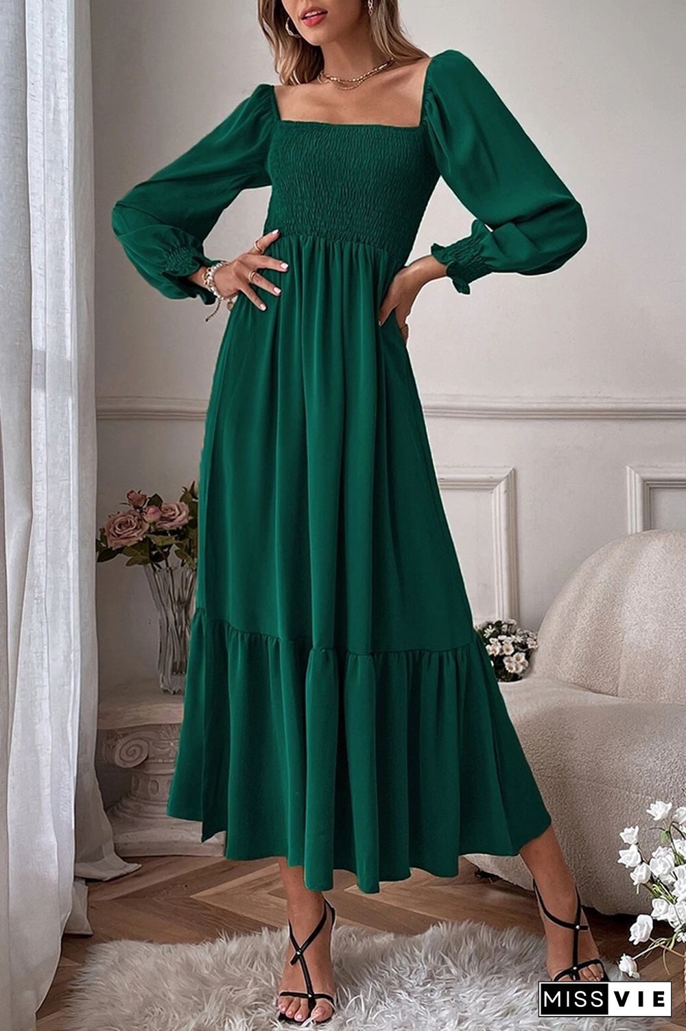 Square Neck Puff Sleeves Ruffle Long Dress