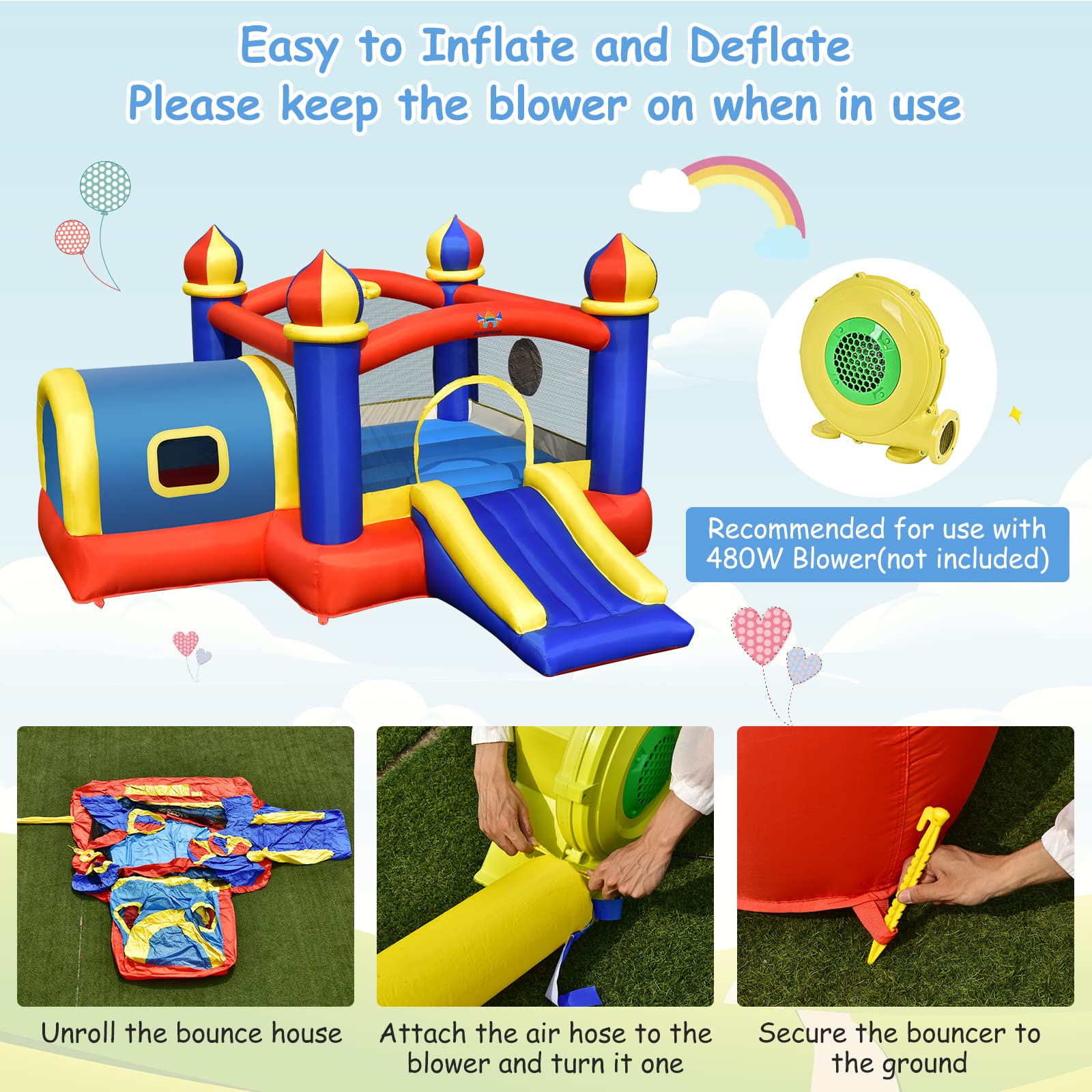 Costzon Inflatable Bounce House, 5 in 1 Bouncy Castle for Kids Indoor Outdoor with Playhouse,