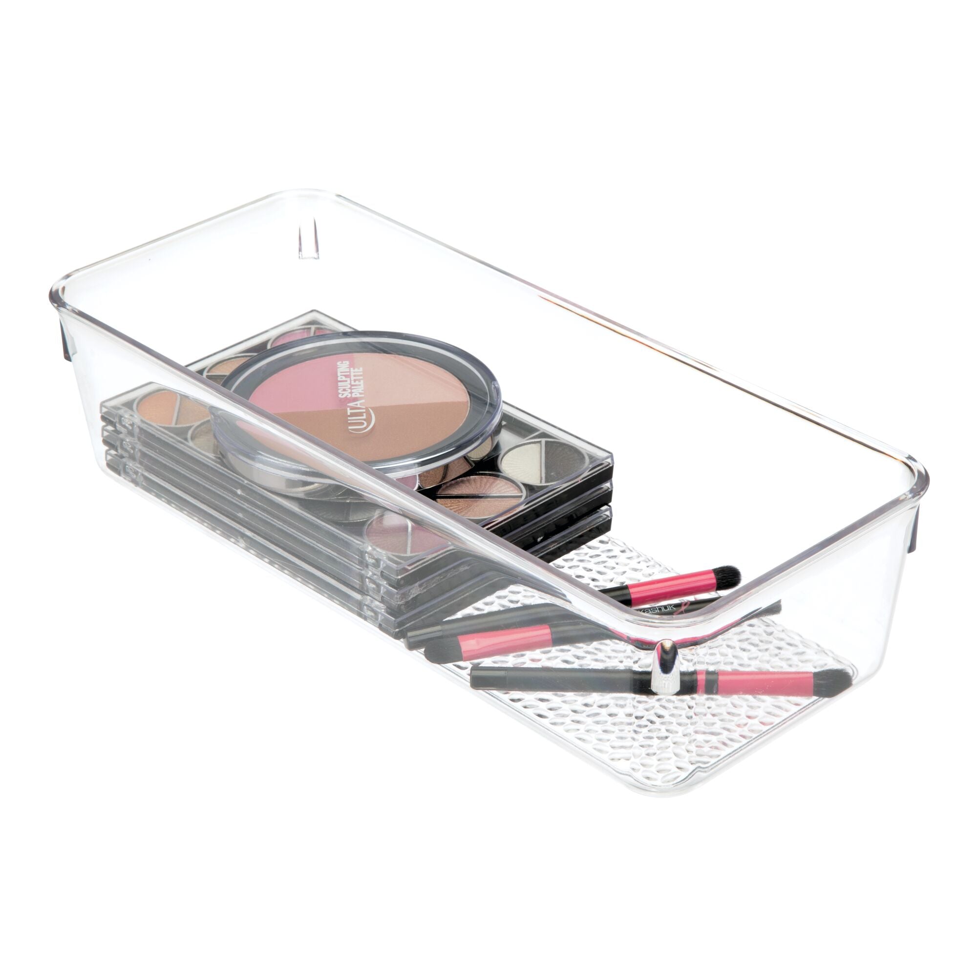 mDesign Plastic Drawer Organizer Storage Tray for Bathroom Vanity, Countertop, Cabinet - Holds Makeup Brushes, Eyeliner, Lip Pencils, Hair Accessories - Textured Base, 5" Wide, 6 Pack - Clear