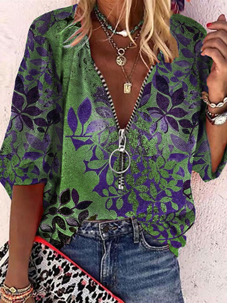 Loose Casual Leaf Bronzing Printed Blouse