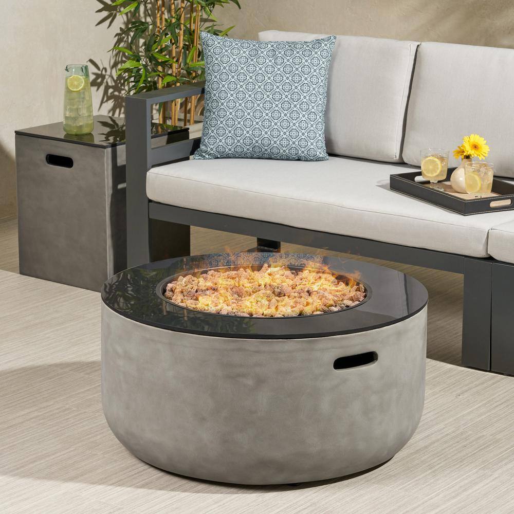 Noble House Adio 16 in. x 20 in. Round Concrete Propane Fire Pit in Light Grey with Tank Holder 70842