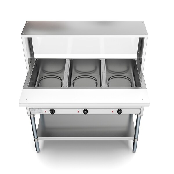 3-Pan Open Well Commercial Electric Stainless Steel Steam Table with Sneeze Guard， Warming Control Knobs， Front Serving Area