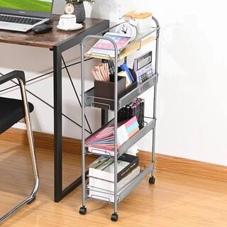 4-Tier Slim Rolling Cart with Wooden Tabletop Easy Assemble Mobile Storage Cart with Wheels Slide Out Utility Cart PURSYF