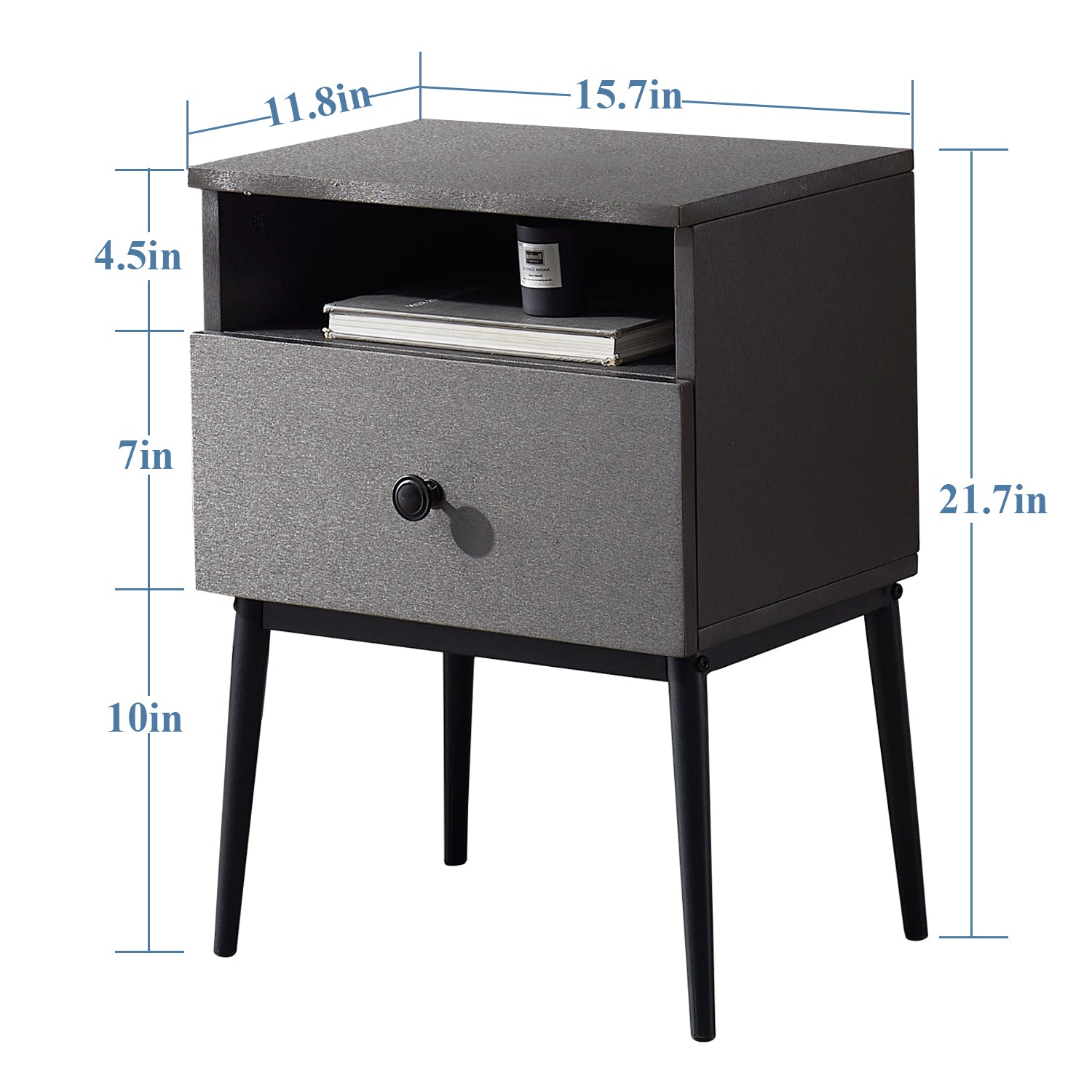 VECELO Mid-Century Nightstand with Drawer, Modern Side End Table with Cubby Space for Bedroom/Living Room/Office, Gray