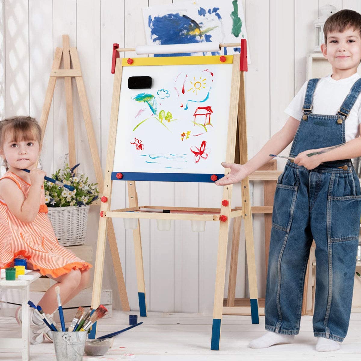 Costzon 3 in 1 Kids Art Easel with Paper Roll, Double Sided Adjustable Chalkboard & White Dry Erase with 4 Drawing Board Clips