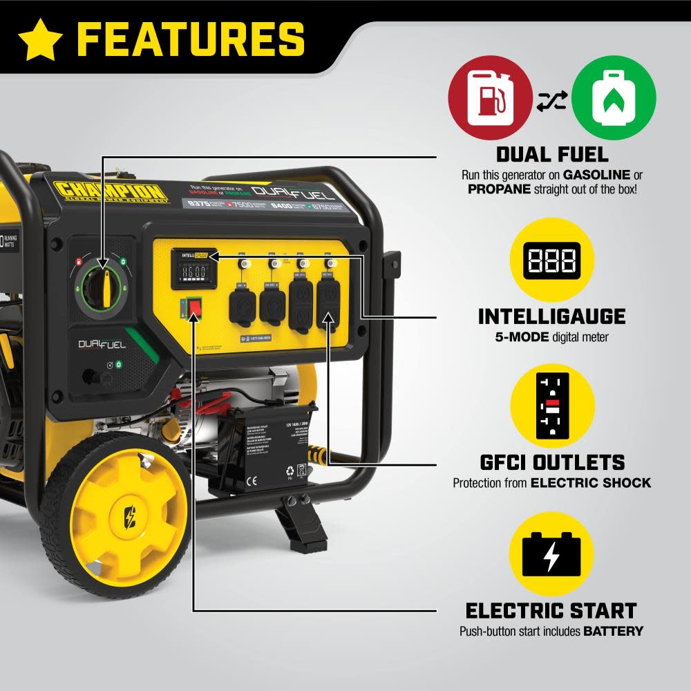 Champion 7500 Watt Dual Fuel Portable Generator with Electric Start ;