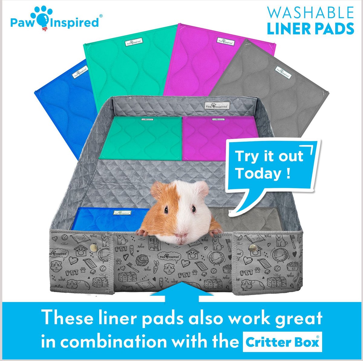 Paw Inspired Fleece Cage Liner Small Pet Pee Pads， 12x12-in， 3 count