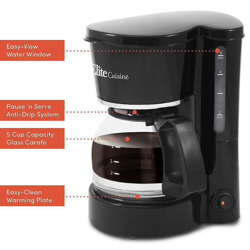 Elite Gourmet 5-Cup Coffee Maker with Pause and Serve