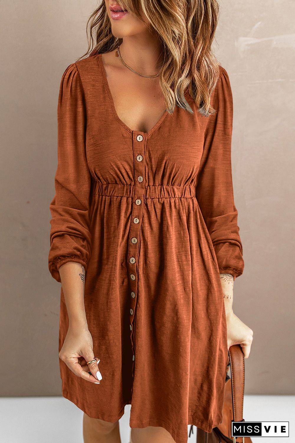 Brown Button Up High Waist Long Sleeve Dress