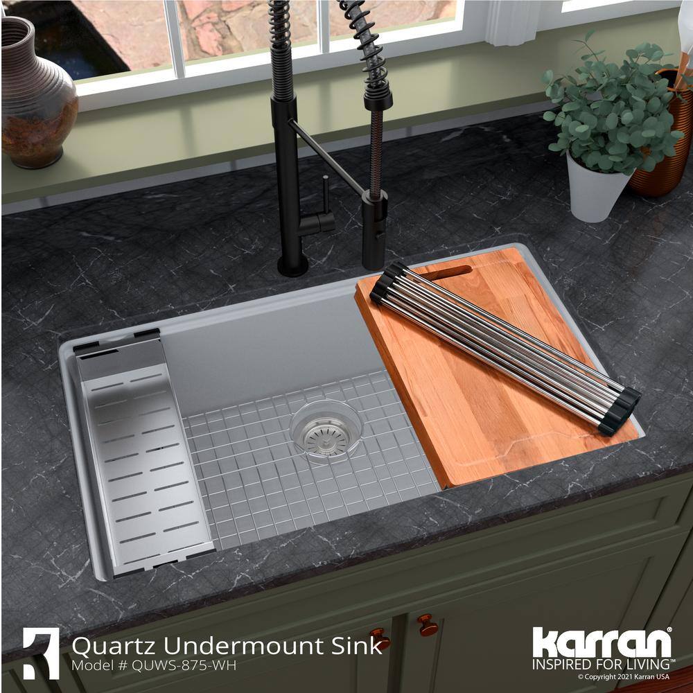 Karran QUWS- 875 Quartz 32.5 in. Single Bowl Undermount Workstation Kitchen Sink in White QUWS-875-WH