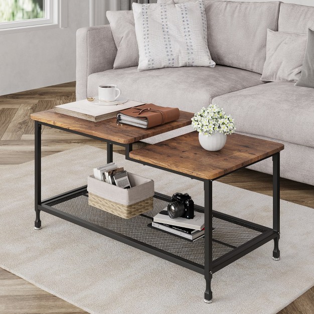 Trinity Coffee Table Industrial Living Room Table 2 tier Rustic Center Table With Mesh Shelf Brown