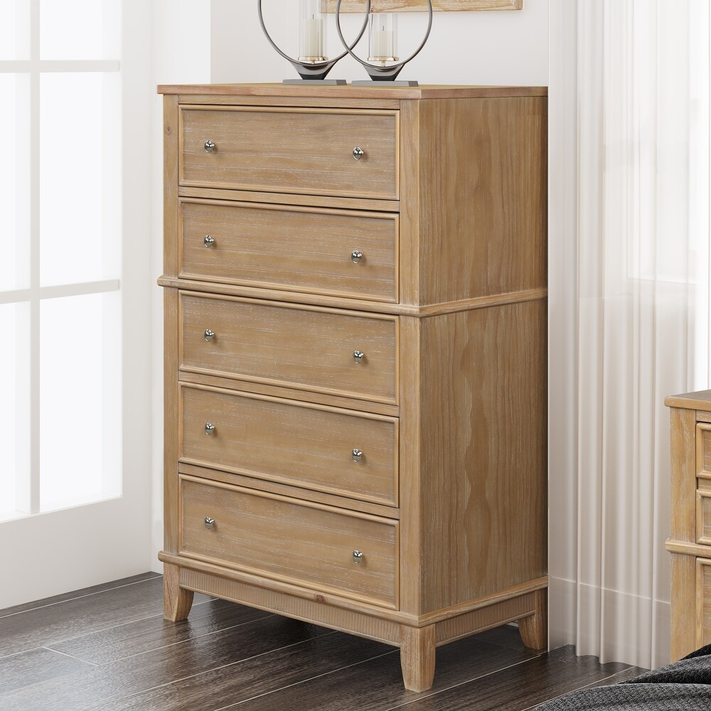 Chic Hazel Bedroom 5 Drawers Chest with Natural Finish Solid Pine Wood