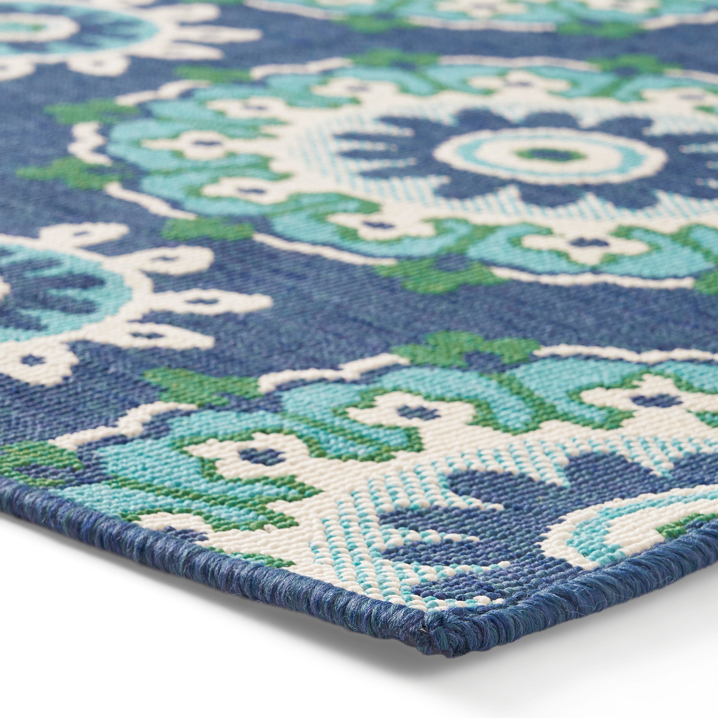 Arlene Outdoor Medallion Area Rug, Navy and Green