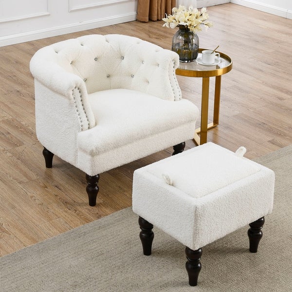 3+1 Combination of Chesterfield 3 Seater Sofa and Chair Modern White Teddy Upholstered Padded Seat with Two Pillows and Nailhead