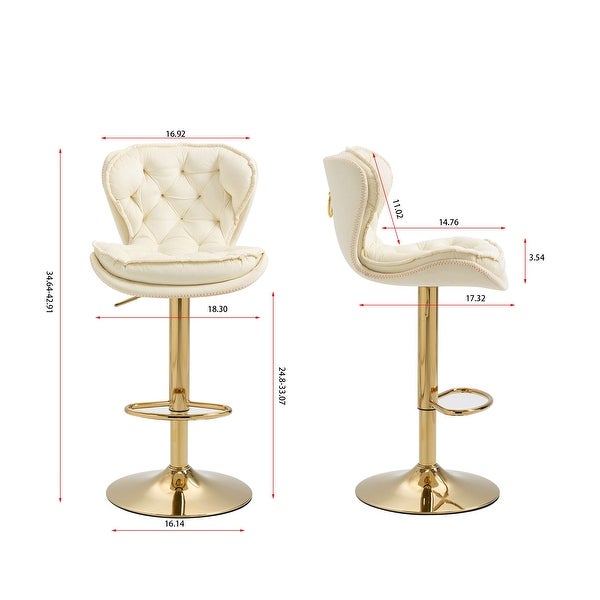 Set of 2 Bar Stools，with Chrome Footrest and Base Swivel Height Adjustable Mechanical Lifting Velvet + Golden Leg