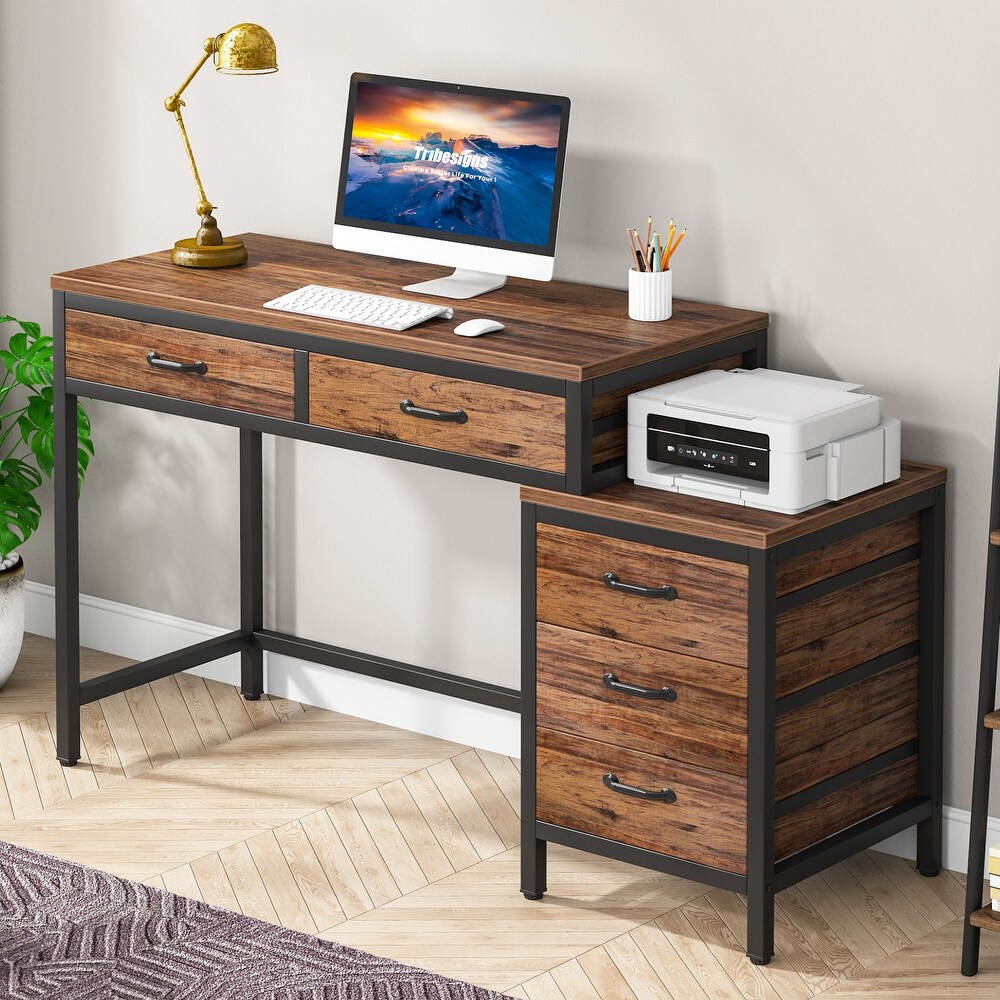 Reversible Computer Desk with 5 Drawers  Home Office Desk with File Cabinet Drawer Printer Stand