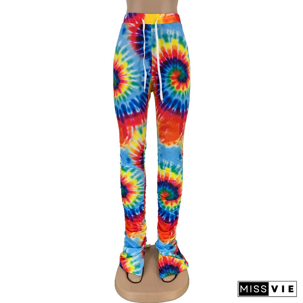 Tie Dye Skinny Lace Up Mid Waist Flare Pants