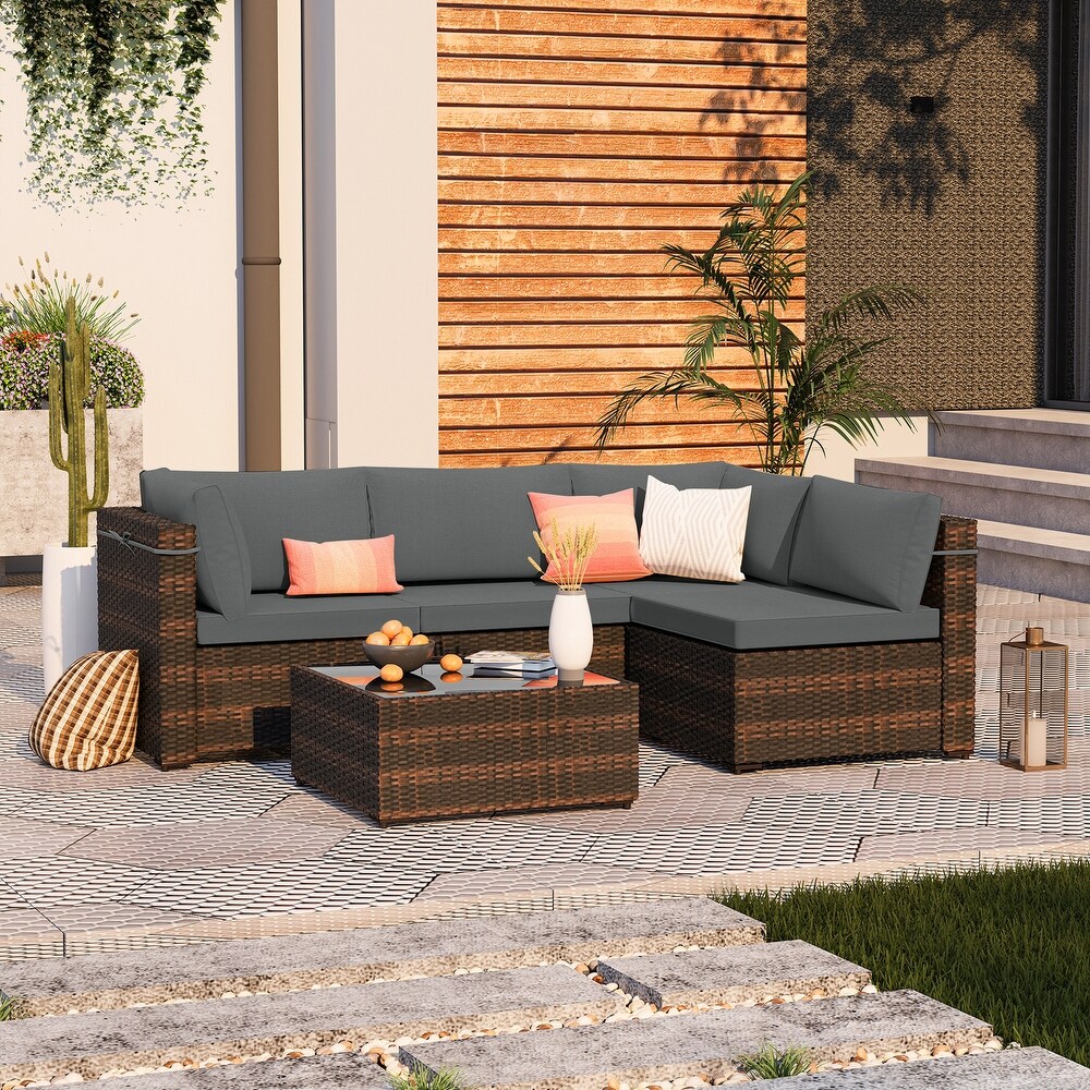 UPHA 5 piece Cushioned Wicker Patio Conversation Seating Set with Coffee Table