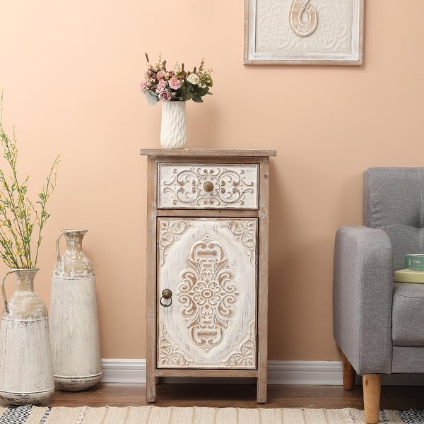 Distressed Floral Carved Wood 1-Door and 1-Drawer End Table with Storage - 30.13