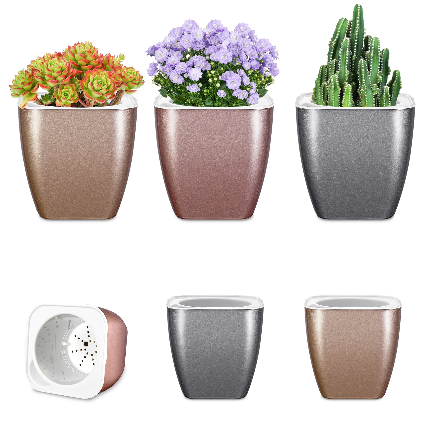 HEMOPLT Self Watering Planters, Pack of 6 Metallic Color Plant Pots, 4.3/5 Inches Flower Pots for Indoor Outdoor Plants, Succulents, Cactus, Perfect Idea for Mom, Aunts, Sister's Birthday Christmas