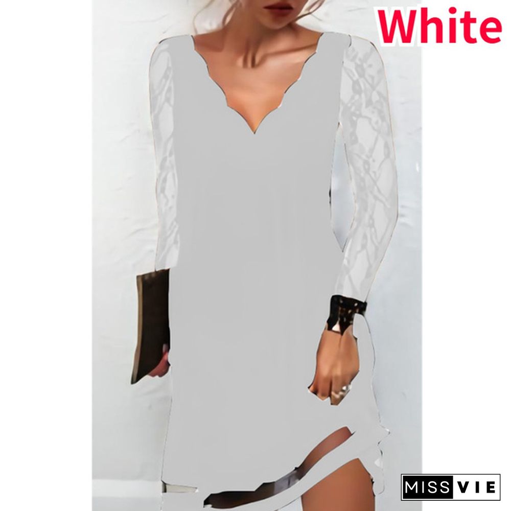 New Fashion Women's Wavy Shape Lace Long Sleeves Deep V Autumn Beach Party Loose Casual Midi Dresses